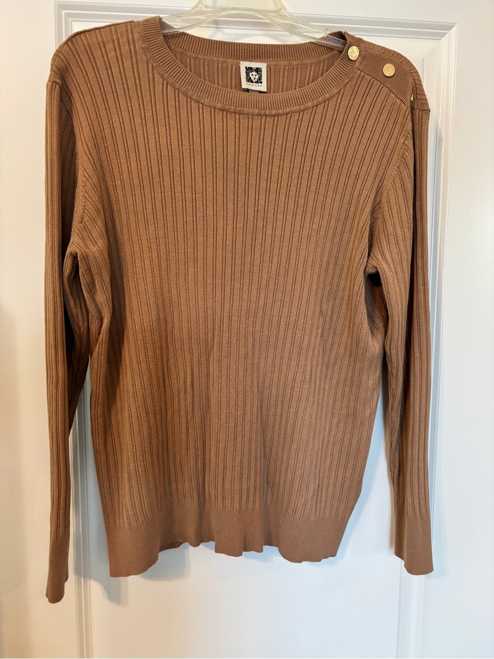 Anne Klein Tan Ribbed Crewneck Sweater with Gold Shoulder Buttons